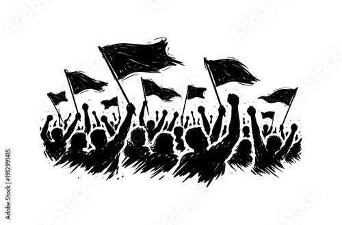 Black and white silhouette of a crowded protest with raised flags and fists