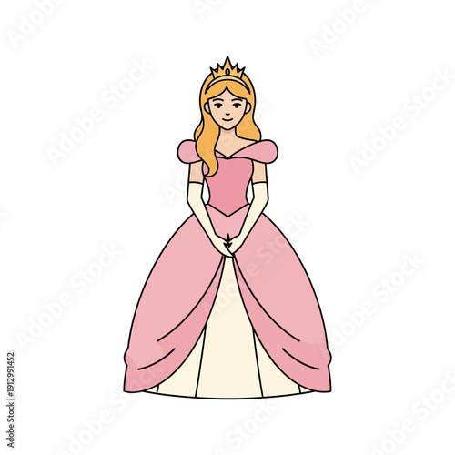 Cartoon Princess in Pink Gown and Crown, Fairytale Character