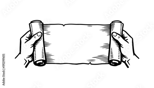 Vintage scroll held by hands in black and white sketch style