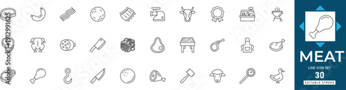 Meat line icon set featuring steak, butchery, bbq, beef, chicken, pork, and sausage. Professional editable vector set for food and restaurant.
