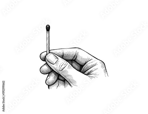 Hand holding matchstick in vintage style engraving art