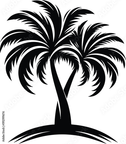 Two stylized palm trees silhouette tropical island symbol with curved trunks isolated on white background for vacation and travel design