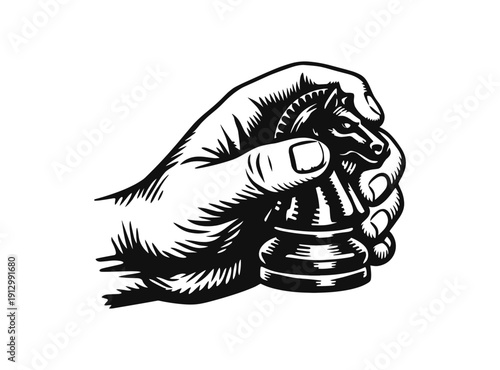 Hand holding chess knight piece in retro engraved style illustration