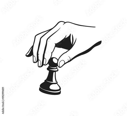 Hand holding chess pawn in black and white outline art for strategy and decision-making concept
