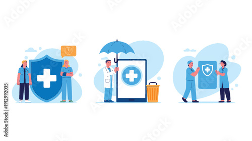 A flat design illustration set of three medical-themed scenes in a light blue and white color scheme (1)_traced