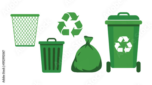 A flat design illustration of various waste management and recycling icons in bright green color against a white background (4)_traced