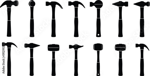 Hammer tool silhouettes collection isolated on white background, carpentry and construction hand tools set for workshop and hardware design illustration