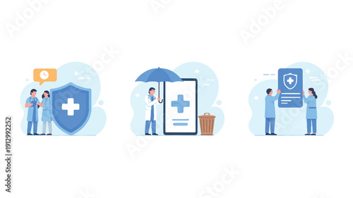 A flat design illustration set of three medical-themed scenes in a light blue and white color scheme (2)_traced