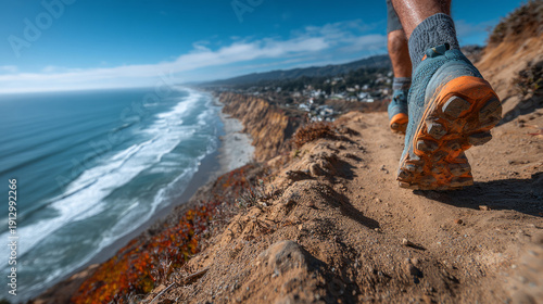 Close-up of trail runner's feet on a dusty path overlooking the ocean and coastline