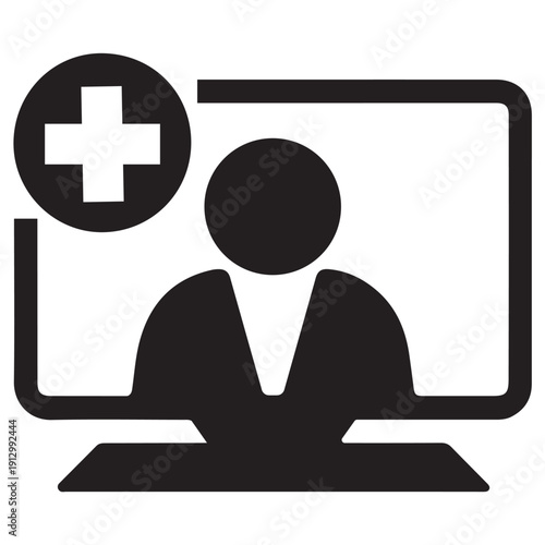 Telemedicine icon with medical cross and computer screen showing a user silhouette for healthcare consultation