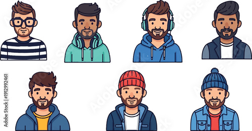 Diverse male character portraits featuring various expressions and styles