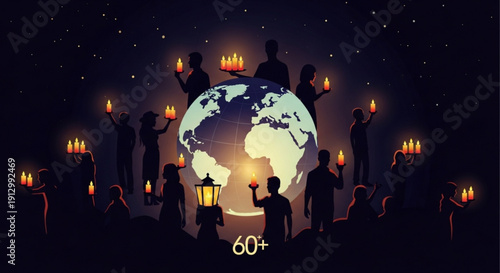 People holding candles around the earth at night symbolizing global unity and hope for a better future with a starry sky background