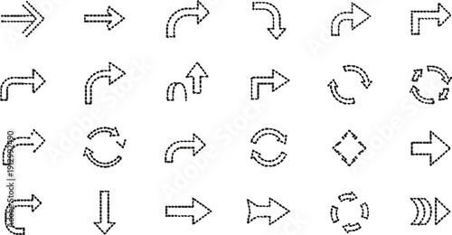 The image features a collection of arrow designs, arranged in a grid format of six rows and four columns. Each arrow is rendered in a black and white color scheme, using a textured or dotted line 