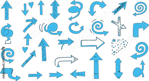 described features a whimsical assortment of light blue hand-drawn arrows, each exhibiting unique shapes, styles, and orientations against a clean white background. This playful collection includes ar