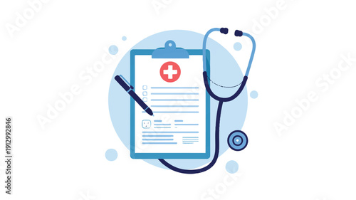 A flat design medical illustration featuring a clipboard with a medical form and red cross symbol on a light blue background (4)_traced