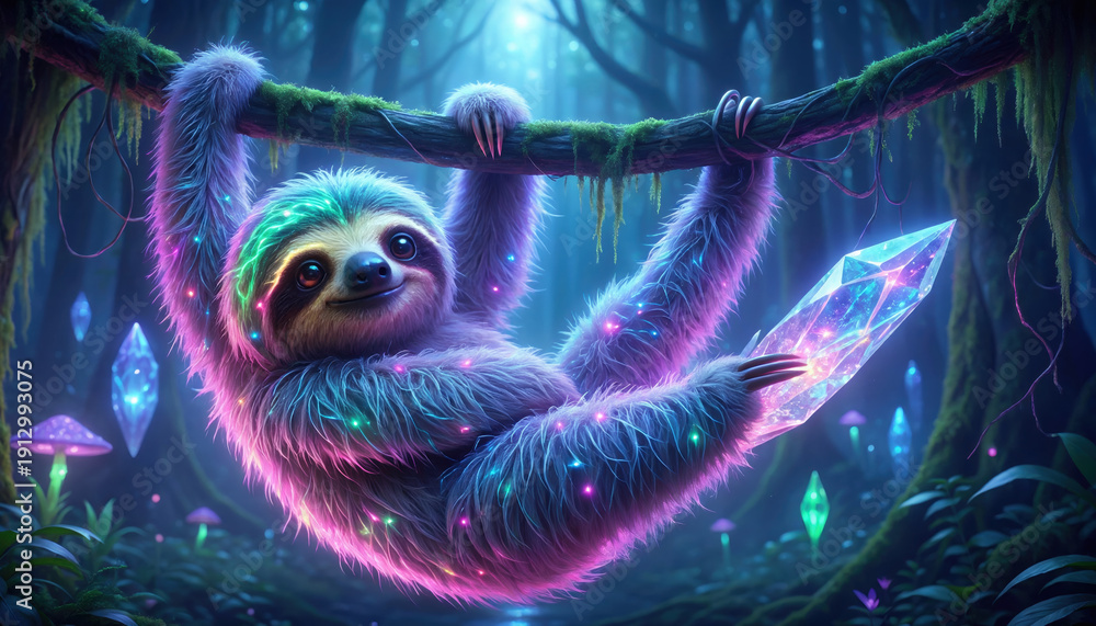 Naklejka premium Magical neon furry sloth hanging on branch in mystical forest holding glowing crystal with happy expression and soft iridescent fur shining in dark fantasy woodland background with colorful light