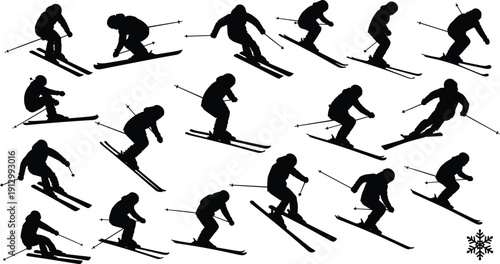 Skier silhouettes collection isolated on white background, winter sports skiing action poses set for alpine adventure and outdoor activity design