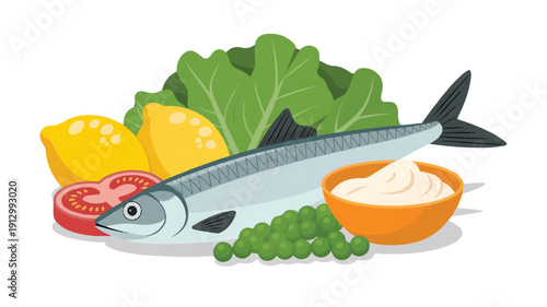 A flat, cartoon-style illustration of a fresh seafood and vegetable arrangement on a white background (1)_traced