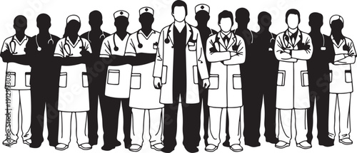 Black and white illustration of diverse medical professionals standing together in unity