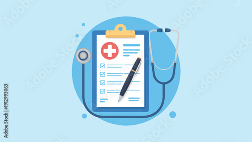 A flat design medical illustration featuring a clipboard with a medical form and red cross symbol on a light blue background (3)_traced