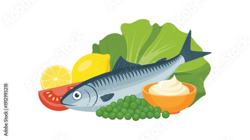 A flat, cartoon-style illustration of a fresh seafood and vegetable arrangement on a white background (2)_traced