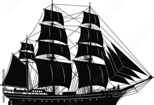 Vintage sailing ship silhouette isolated on white background, classic tall ship with full sails, maritime transport and nautical adventure illustration