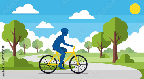 Cyclist Riding Bike on Roadway Path.