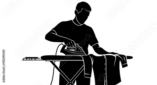 Man Ironing Clothes on Ironing Board.