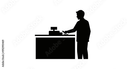 Man Operating Cash Register at Counter.