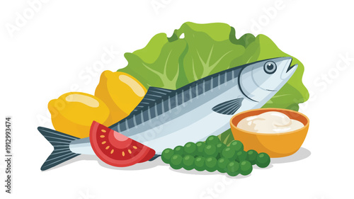 A flat, cartoon-style illustration of a fresh seafood and vegetable arrangement on a white background (4)_traced