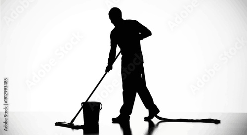 Man Mopping Floor with Bucket Silhouette.