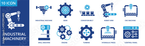 Industrial Machinery icon set collection. Icon pack contain Industrial machine, Gear, Conveyor belt, Robot arm, CNC machine, Drill machine, Engine, Turbine, Hydraulic press. dual tone vector.
