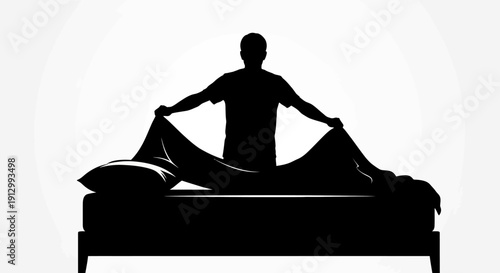 Man Making Bed with Sheets and Blankets.
