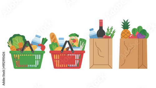 A flat, cartoon-style illustration of four grocery shopping containers arranged in a horizontal line against a white background (1)_traced