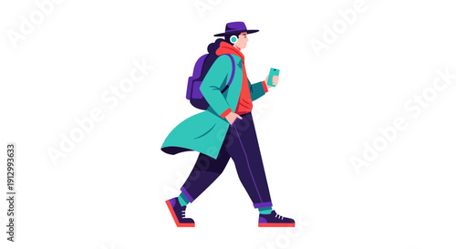 Man Walking with Backpack and Mobile Phone.