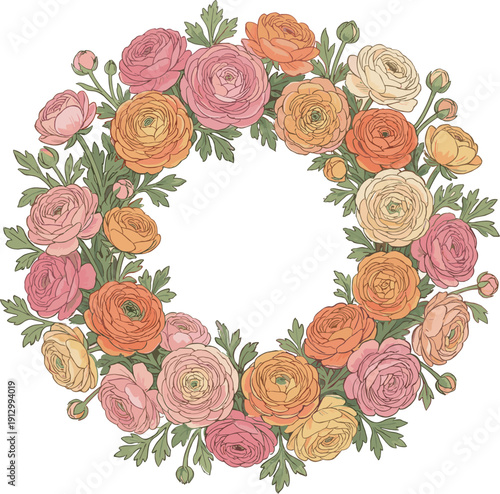 ラナンキュラスの花リースフレームイラスト・春のボタニカル装飾背景