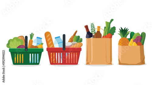 A flat, cartoon-style illustration of four grocery shopping containers arranged in a horizontal line against a white background (4)_traced
