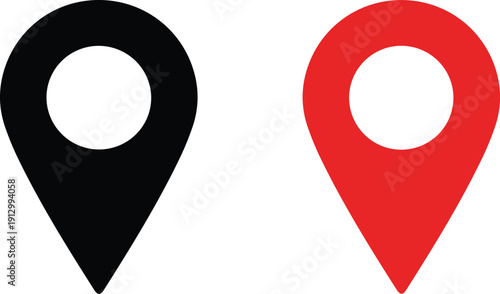 Red and black map pin icon pair, flat GPS location marker symboll