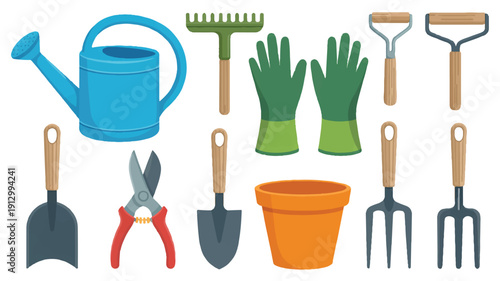 A flat, cartoon-style illustration of gardening tools arranged in a horizontal layout against a white background (2)_traced