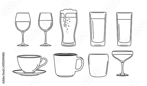 Minimal drinkware outline icons transparent vector set