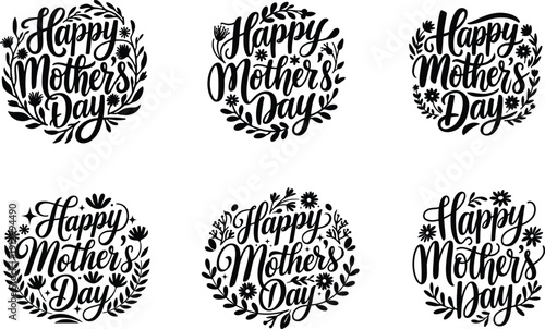 Happy Mother's Day hand drawn calligraphy lettering and floral wreath vector illustration