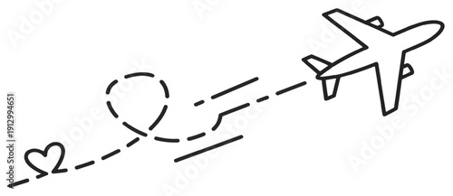 An airplane with a heart flight path doodle symbolizing travel, romance, journey, love, and adventure.