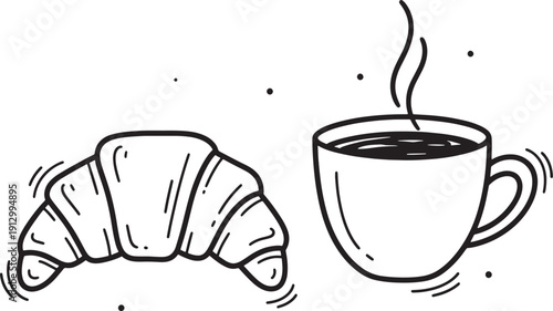 Hand Drawn Croissant and Steaming Coffee Cup Illustration, Minimalist Black and White Pastry and Hot Drink Vector Sketch