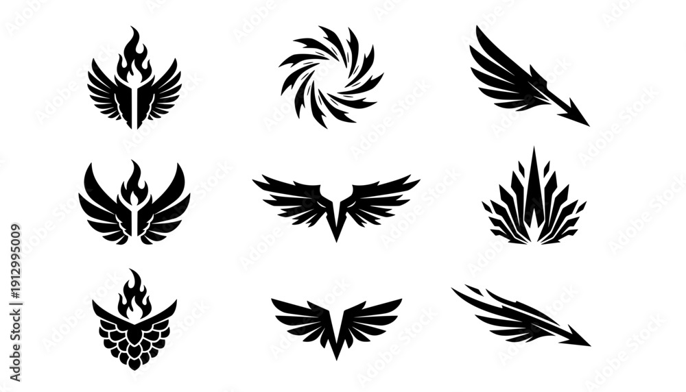 Fototapeta premium Vector collection of tribal tattoo designs featuring flaming wings, flying arrows and vortex swirls. Ideal for esports logos and vinyl car decals