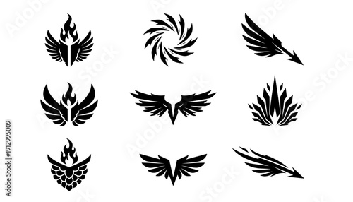 Vector collection of tribal tattoo designs featuring flaming wings, flying arrows and vortex swirls. Ideal for esports logos and vinyl car decals