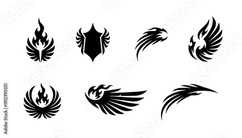 Vector collection of abstract tribal tattoo designs featuring flaming wings, shields and phoenix birds for biker logos, vinyl car decals and branding