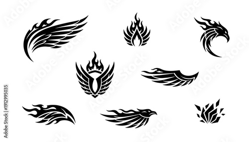 Vector set of black tribal tattoos featuring abstract fire flames, bird wings, and eagle heads. Perfect for aggressive logos, vinyl decals and art