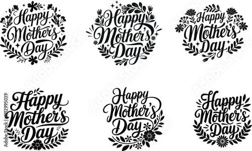 Happy Mother's Day hand drawn calligraphy lettering and floral wreath vector illustration