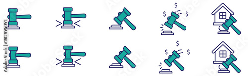 Modern Outline Icons: Justice, Auction, and Home Repair