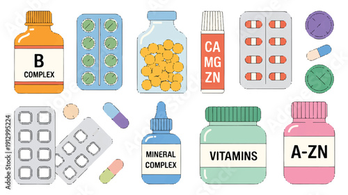 A flat, cartoon-style illustration of various pharmaceutical and supplement items arranged on a white background (2)_traced